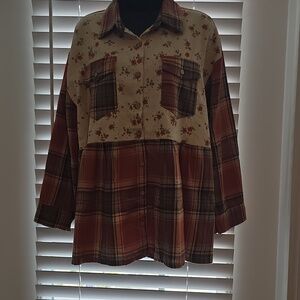 Grace & Emma Rust Plaid and Floral Print Ruffle Flannel Button Down.